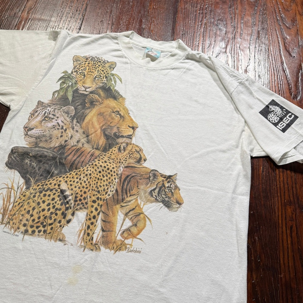 Vintage 1989 Big Cats Shirt Mens XL White ISEC Single Stitch USA 80s Jungle